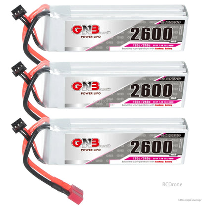Three GNB 2600mAh 2S LiPo batteries lined up horizontally with labels facing forward