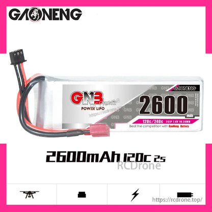 GAONENG GNB 2600mAh 2S LiPo battery promotional graphic with front label and connector lead