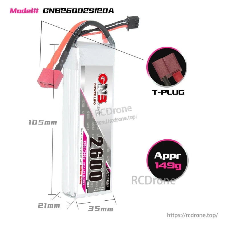 GNB 2600mAh 2S LiPo battery size chart showing T-plug close-up and approximate 149 gram weight