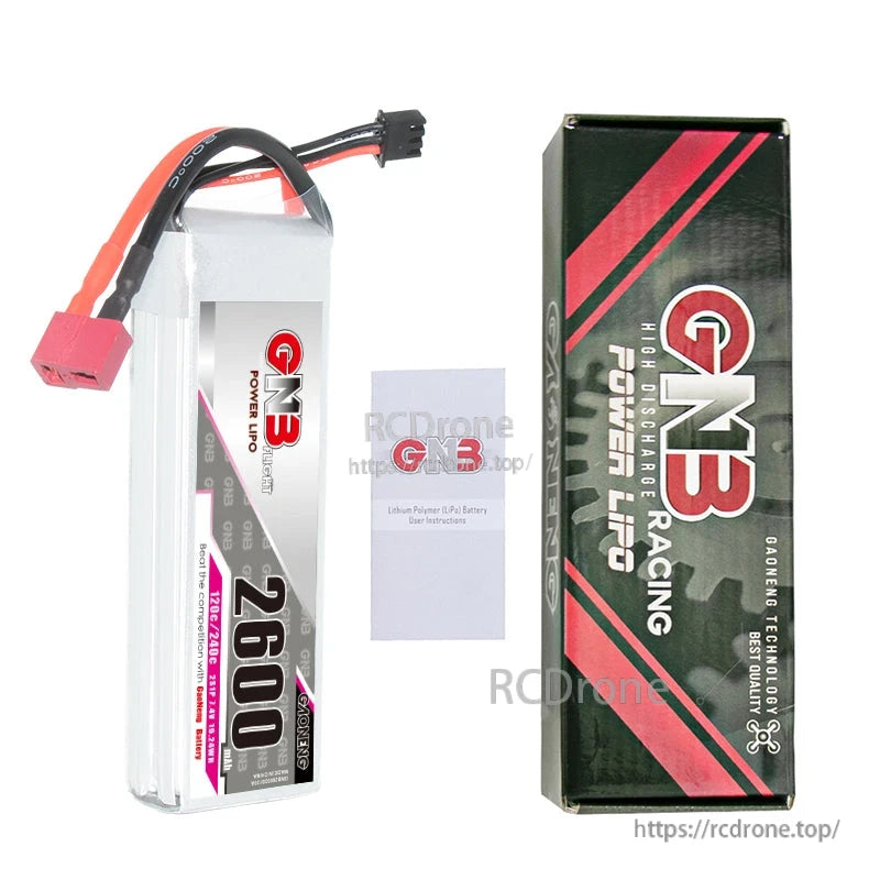GNB 2600mAh 2S LiPo battery with retail box and instruction leaflet package contents