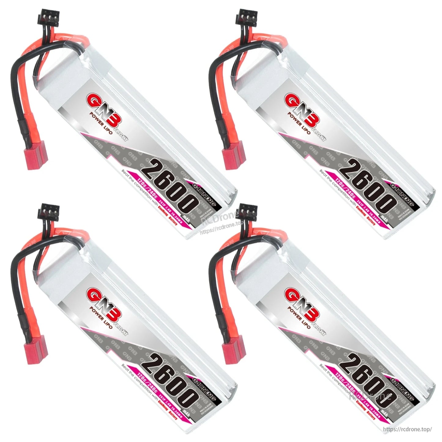 Four GNB 2600mAh 2S LiPo batteries angled in a 2 by 2 arrangement