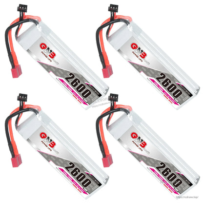 Four GNB 2600mAh 2S LiPo batteries angled in a 2 by 2 arrangement