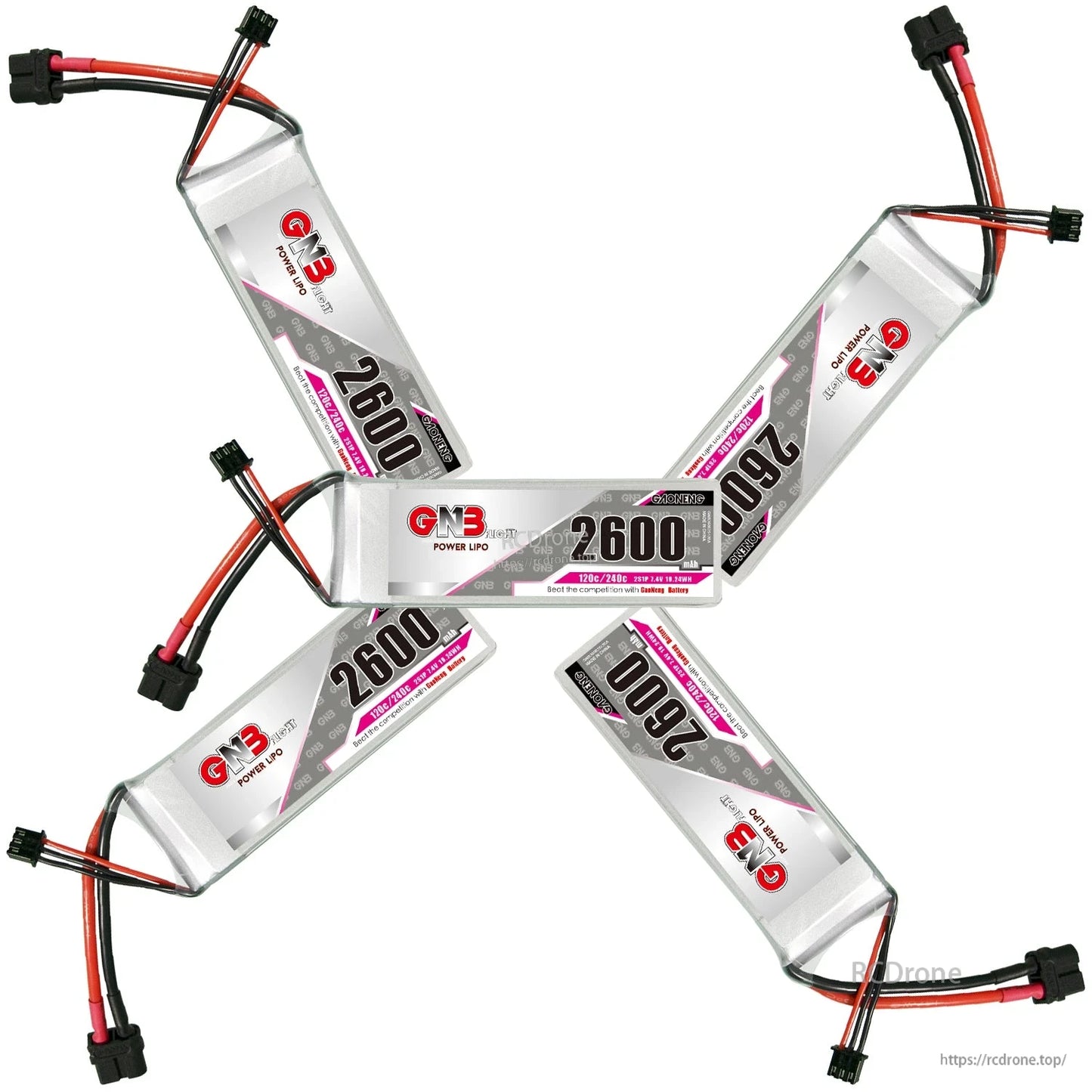 GAONENG GNB 2600mAh 2S LiPo batteries arranged in a star pattern with connectors visible