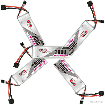 GAONENG GNB 2600mAh 2S LiPo batteries arranged in a star pattern with connectors visible