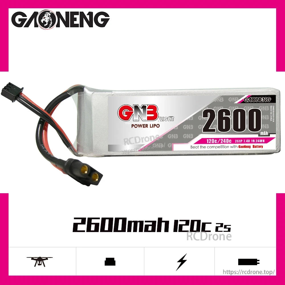 GAONENG GNB 2S 7.4V 2600mAh 120C LiPo Battery side profile with connector and label
