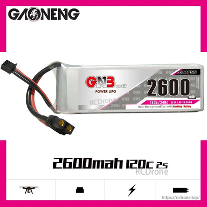 GAONENG GNB 2S 7.4V 2600mAh 120C LiPo Battery side profile with connector and label