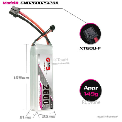 Battery dimensions graphic showing 105 x 35 x 21 mm, XT60U-F plug, and approx 149 g weight