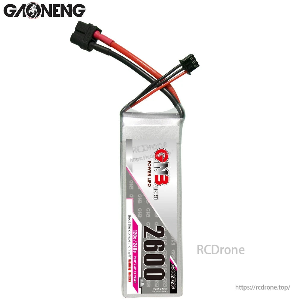 Single GNB 2600mAh 2S LiPo battery upright front view with power lead and balance connector