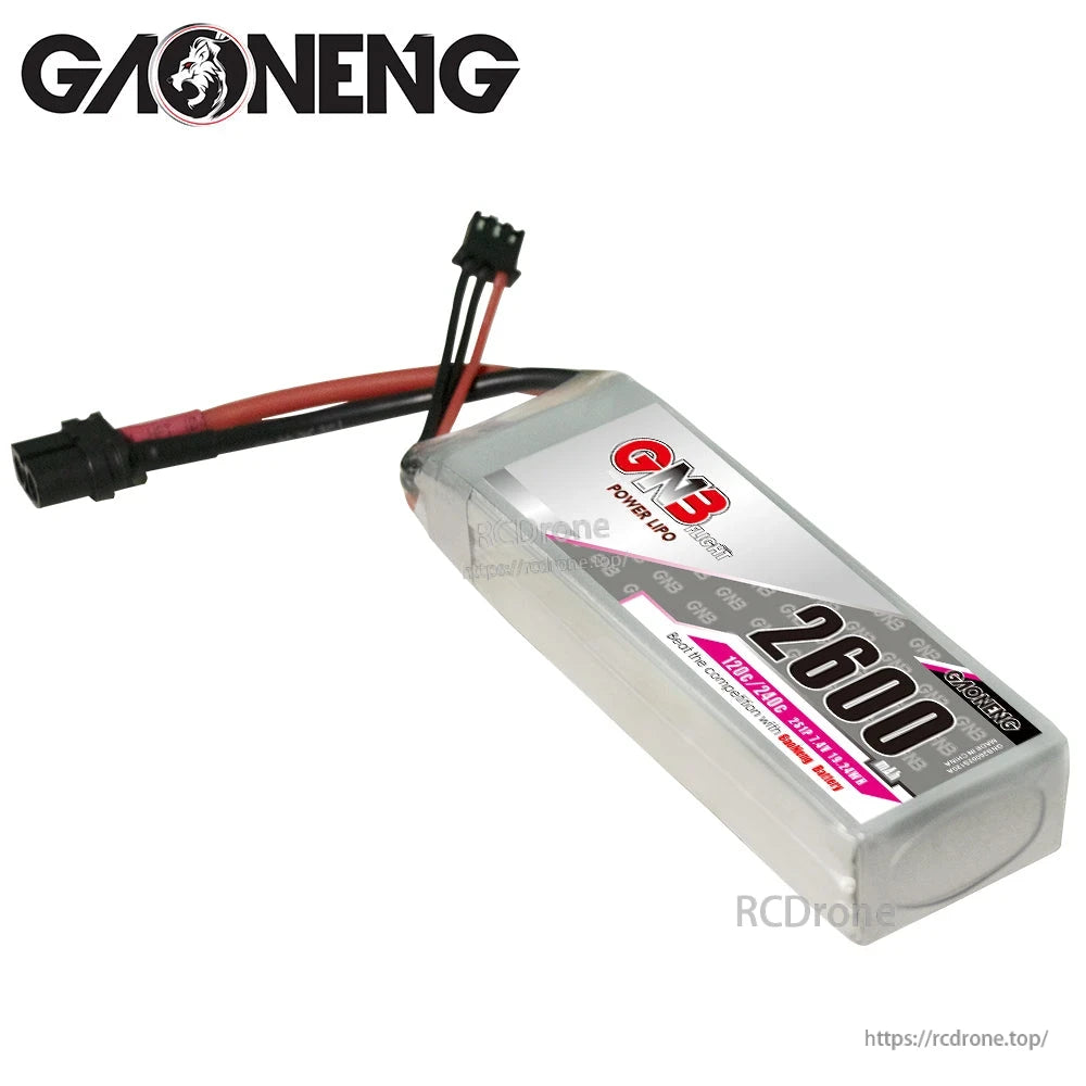 Angled view of GNB 2600mAh 2S LiPo battery showing top edge and attached connector wires