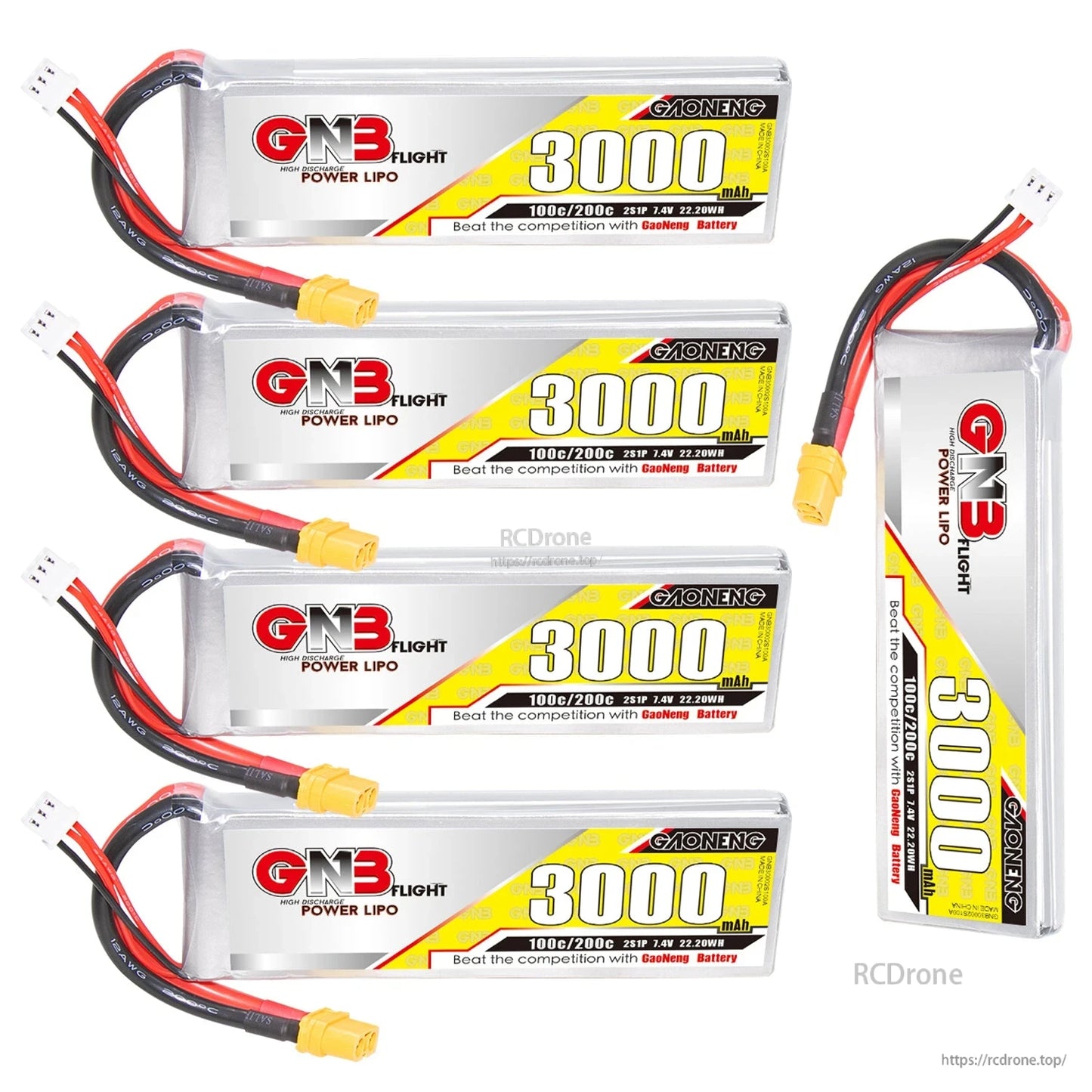 Four horizontal GNB 3000mAh LiPo batteries with one upright battery showing alternate orientation