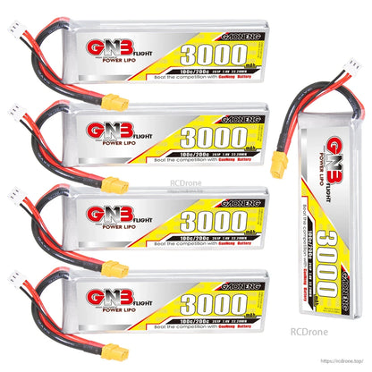 Four horizontal GNB 3000mAh LiPo batteries with one upright battery showing alternate orientation
