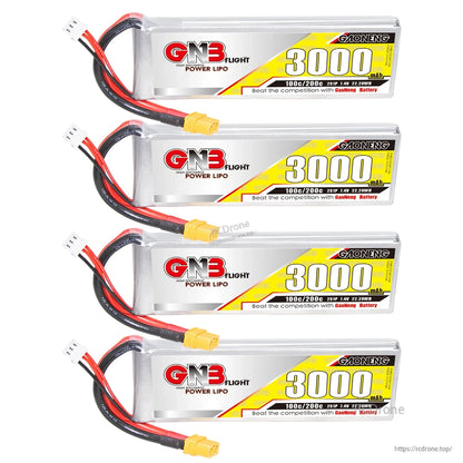 Four 3000mAh GNB LiPo batteries stacked vertically with front labels facing forward