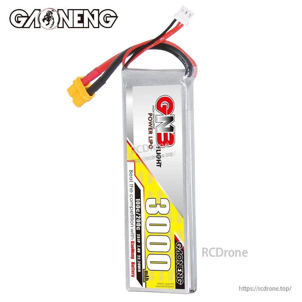 Vertical front view of GNB 3000mAh LiPo battery with attached XT60 power lead and white balance connector