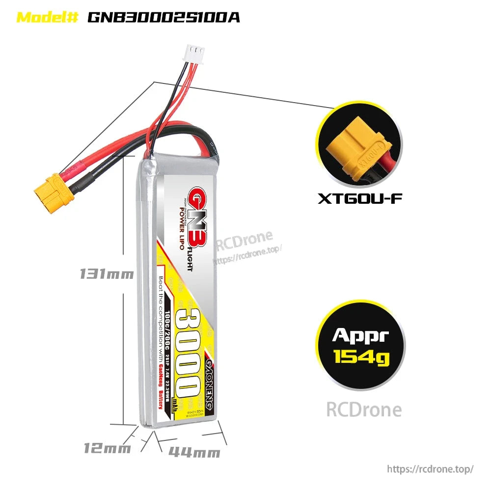 Battery dimensions graphic showing 131 mm length, 44 mm width, 12 mm thickness and XT60U-F plug