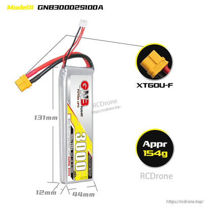 Battery dimensions graphic showing 131 mm length, 44 mm width, 12 mm thickness and XT60U-F plug