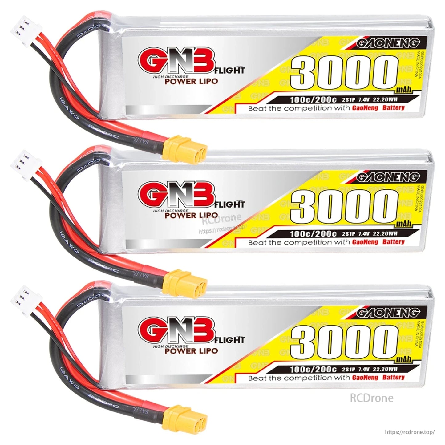 Three GNB 3000mAh 2S LiPo batteries lined up horizontally with XT60 connectors visible