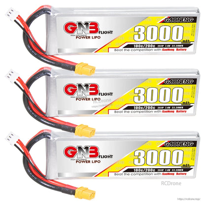 Three GNB 3000mAh 2S LiPo batteries lined up horizontally with XT60 connectors visible