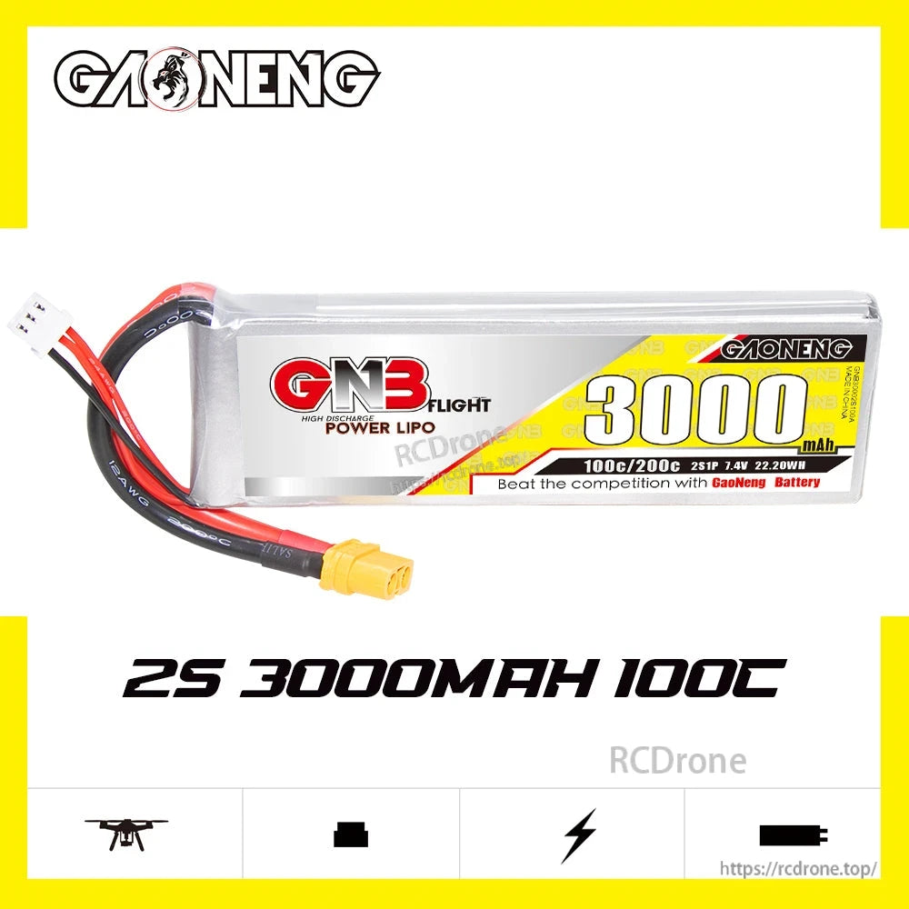 Front label view of 2S 3000mAh 100C LiPo battery with XT60 connector and balance plug