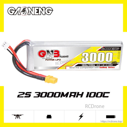 Front label view of 2S 3000mAh 100C LiPo battery with XT60 connector and balance plug