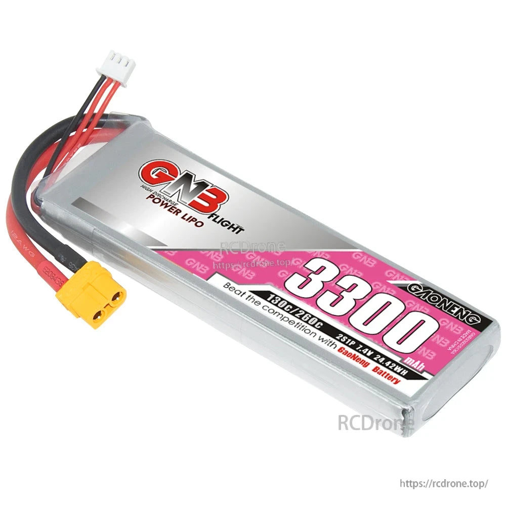 Angled front view of 3300mAh GNB LiPo battery with XT60 connector and balance plug