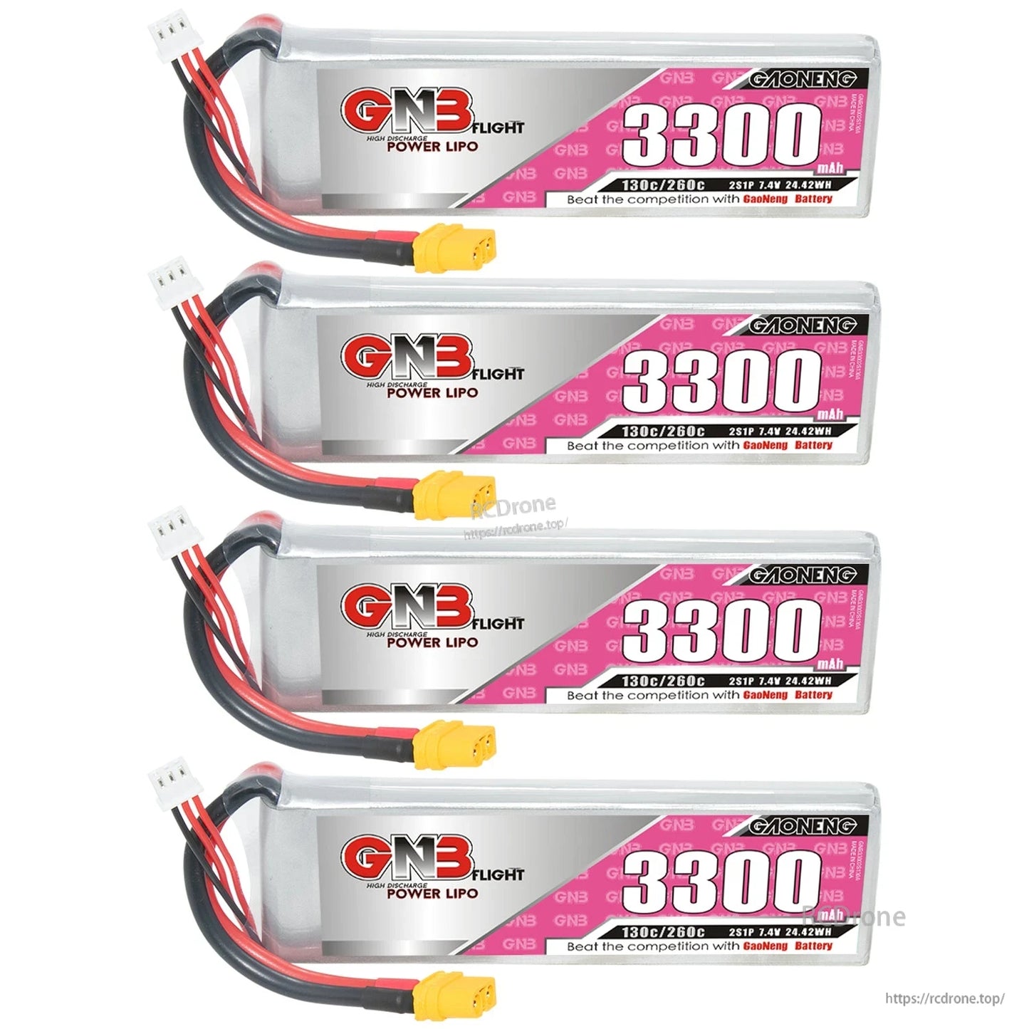 Four GNB 3300mAh 2S LiPo batteries stacked, showing labels, balance plugs, and XT60 leads