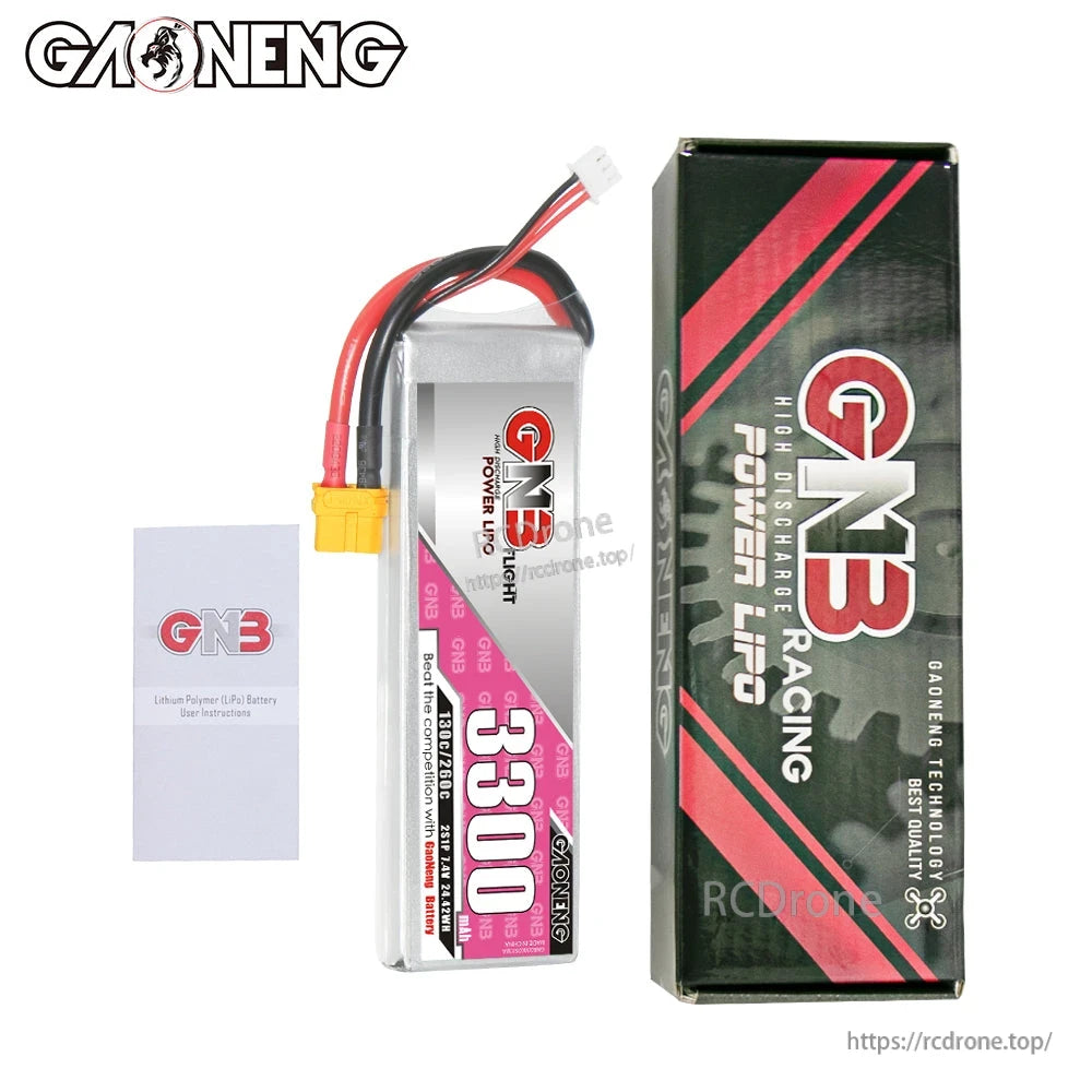 Package contents: GNB 3300mAh LiPo battery, retail box, and small instruction leaflet