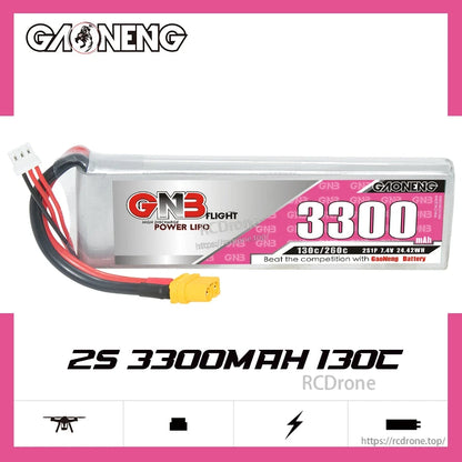 GAONENG GNB 2S 7.4V 3300mAh 130C LiPo battery label showing 130C/260C and 24.42Wh