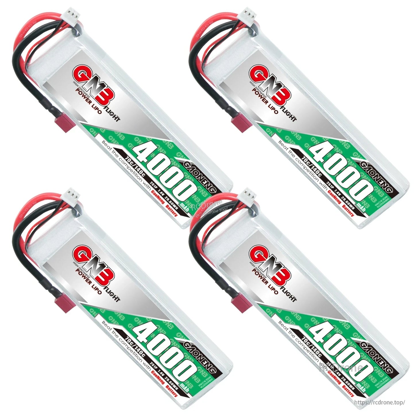 Four 4000mAh 2S LiPo batteries arranged diagonally with visible T-plug connectors