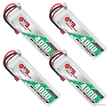 Four 4000mAh 2S LiPo batteries arranged diagonally with visible T-plug connectors