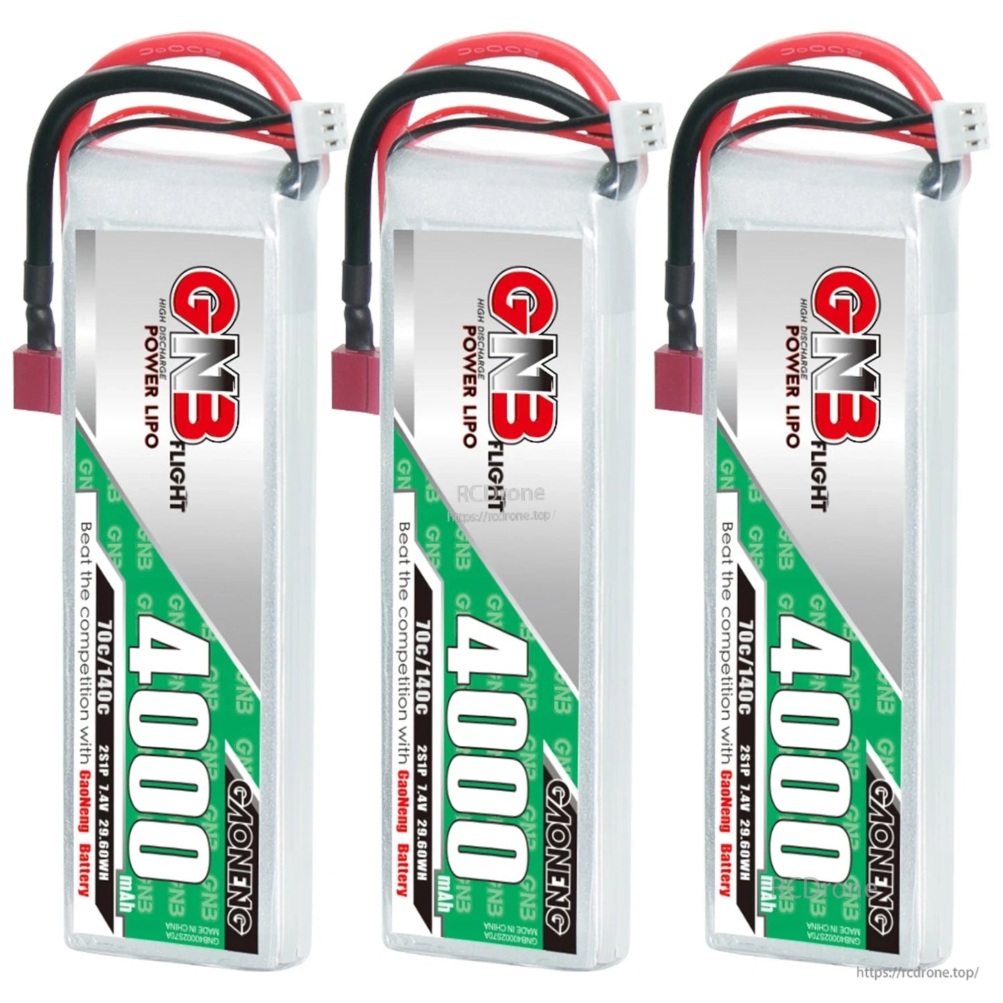 Three GNB 4000mAh 2S LiPo batteries shown together in upright front view
