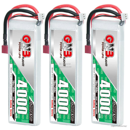 Three GNB 4000mAh 2S LiPo batteries shown together in upright front view