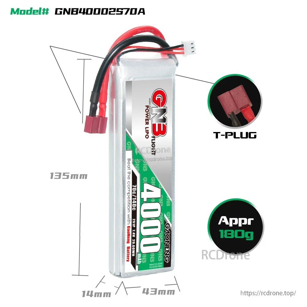 4000mAh 2S LiPo battery size chart with T-plug close-up and approximate 180g weight graphic