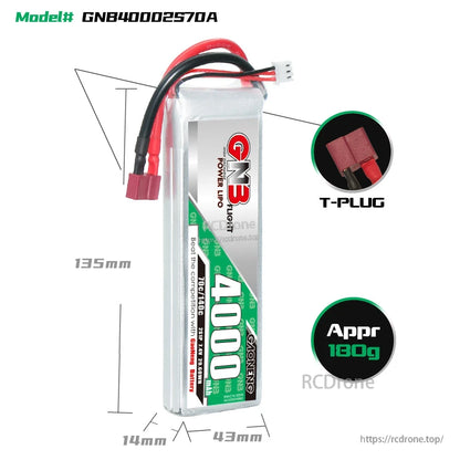 4000mAh 2S LiPo battery size chart with T-plug close-up and approximate 180g weight graphic