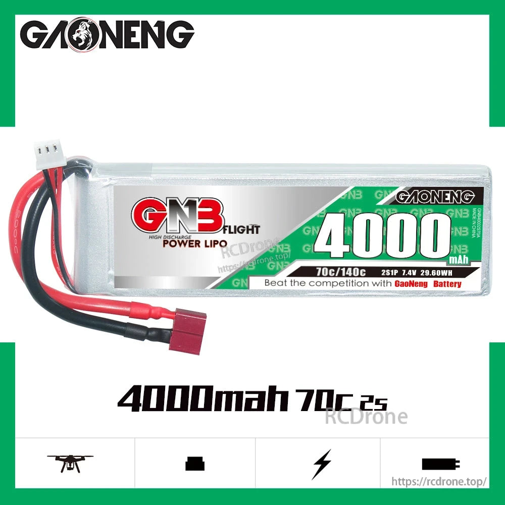 GAONENG GNB 4000mAh 70C 2S LiPo battery horizontal side view with T-plug connector