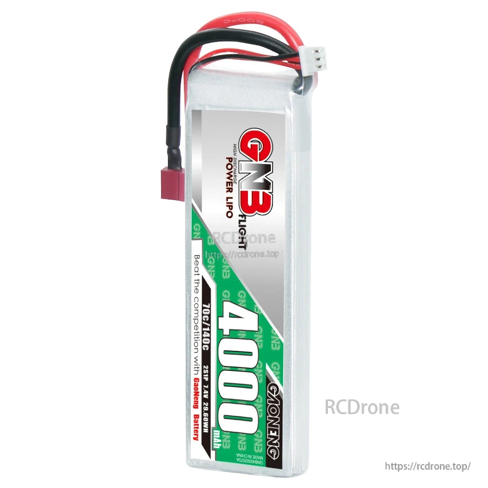 GNB 4000mAh 70C 2S LiPo battery upright front view with red T-plug and white balance connector