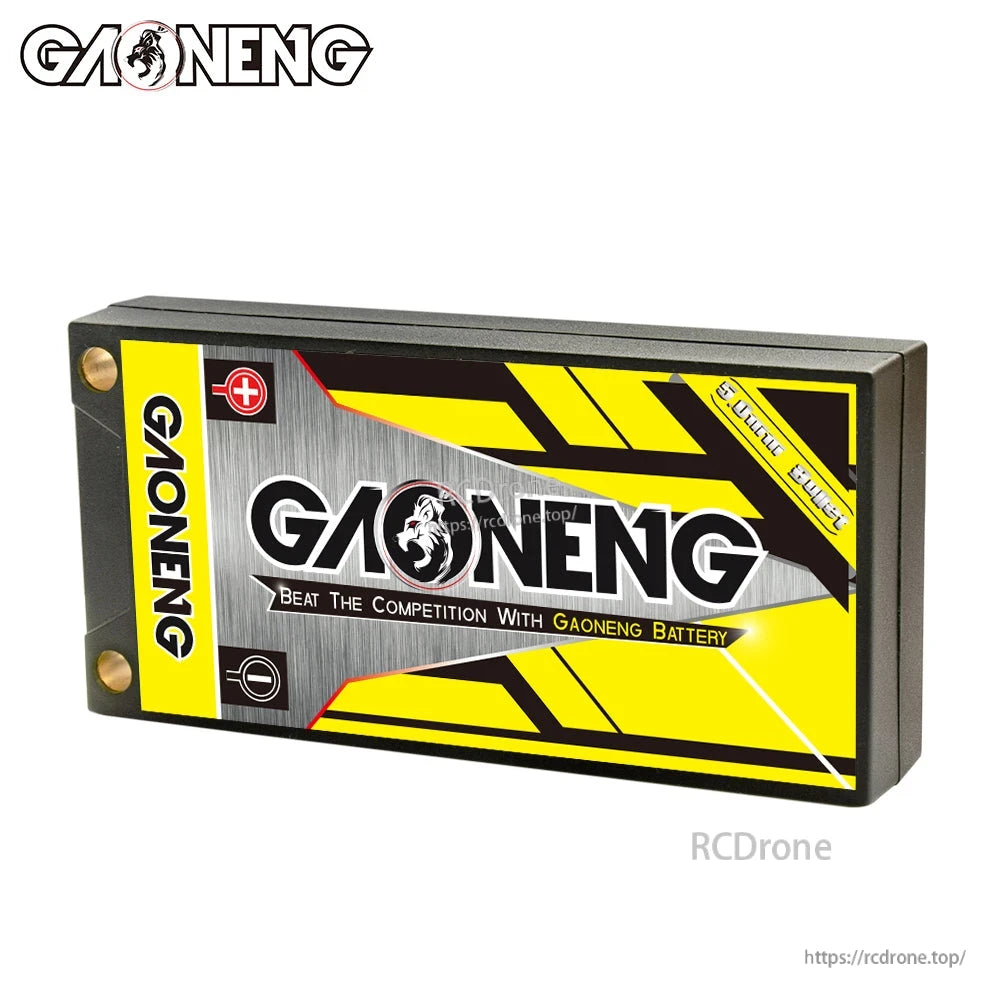 Rear label view of GAONENG hard case shorty LiPo battery showing GAONENG branding panel