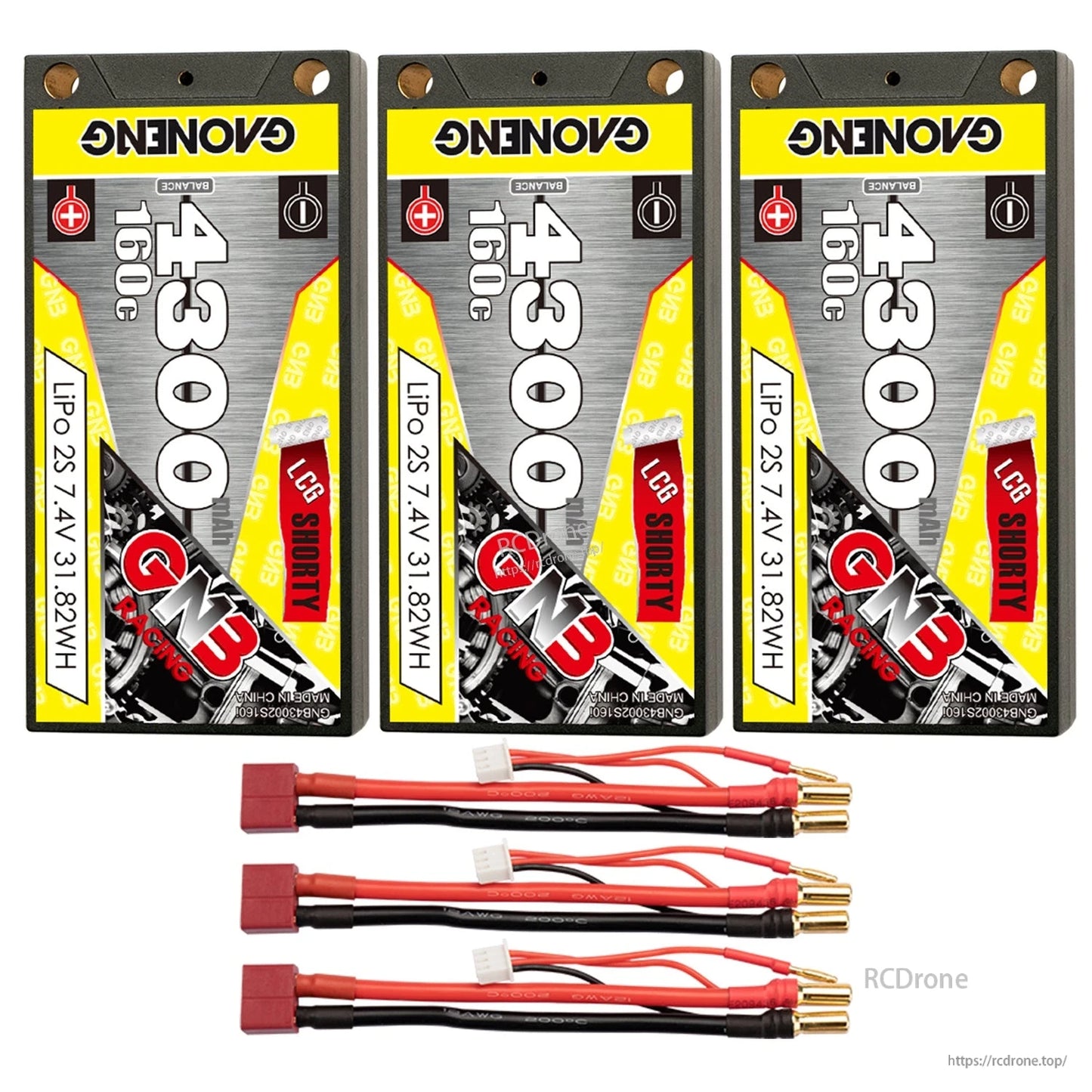 Three-pack bundle of GNB 4300mAh 2S shorty LiPo batteries with Deans-style T-plug leads