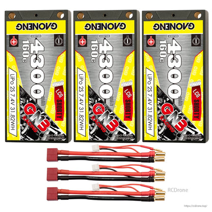 Three-pack bundle of GNB 4300mAh 2S shorty LiPo batteries with Deans-style T-plug leads