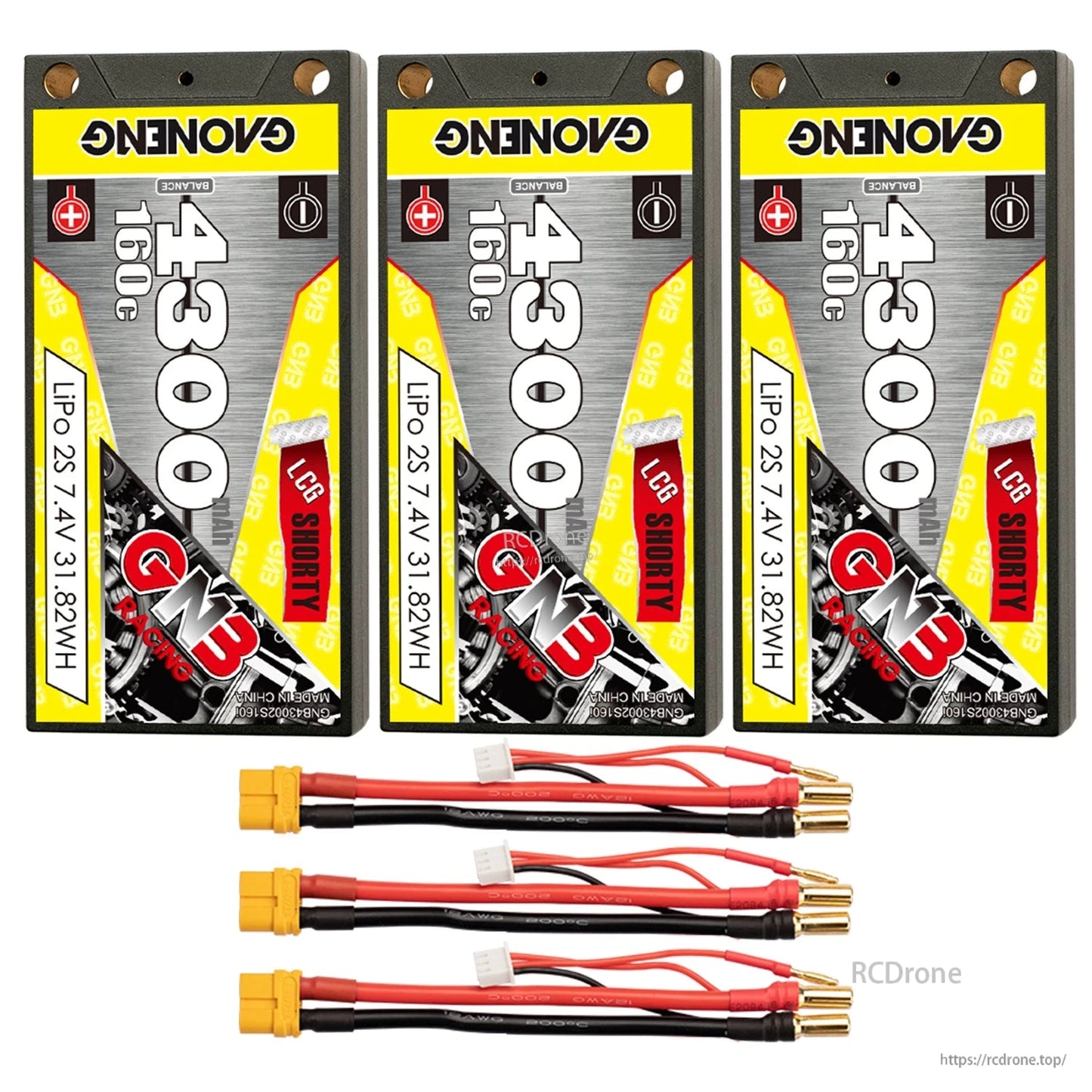 Three-pack bundle of GNB 4300mAh 2S shorty hard case LiPo batteries with XT60-style leads