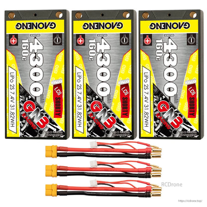 Three-pack bundle of GNB 4300mAh 2S shorty hard case LiPo batteries with XT60-style leads