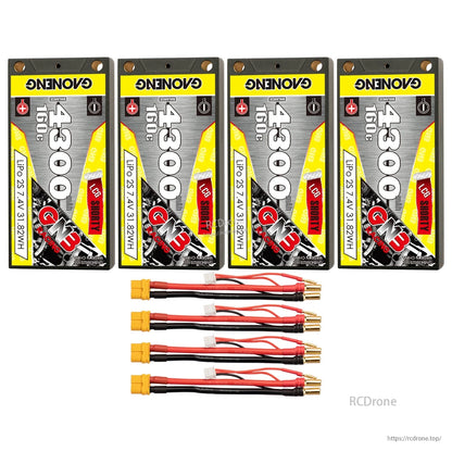 Four-pack bundle of GNB 4300mAh 2S shorty hard case LiPo batteries with XT60-style leads