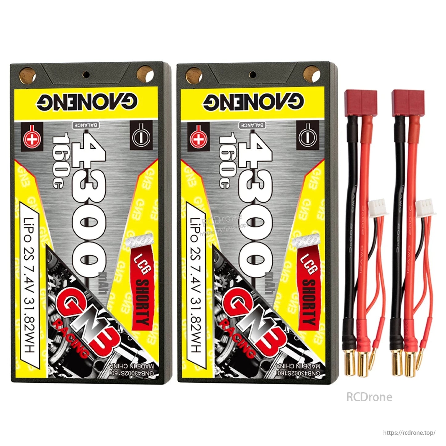 Two-pack set of GNB 4300mAh 2S shorty LiPo batteries with Deans-style T-plug leads