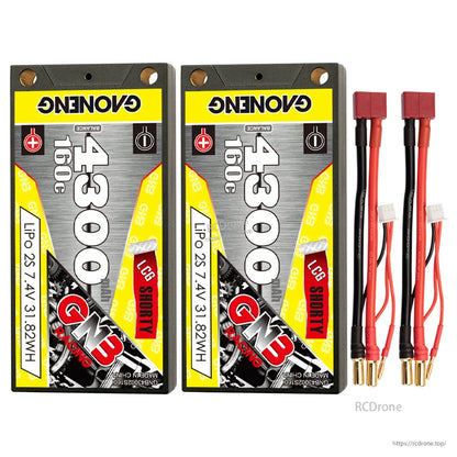 Two-pack set of GNB 4300mAh 2S shorty LiPo batteries with Deans-style T-plug leads