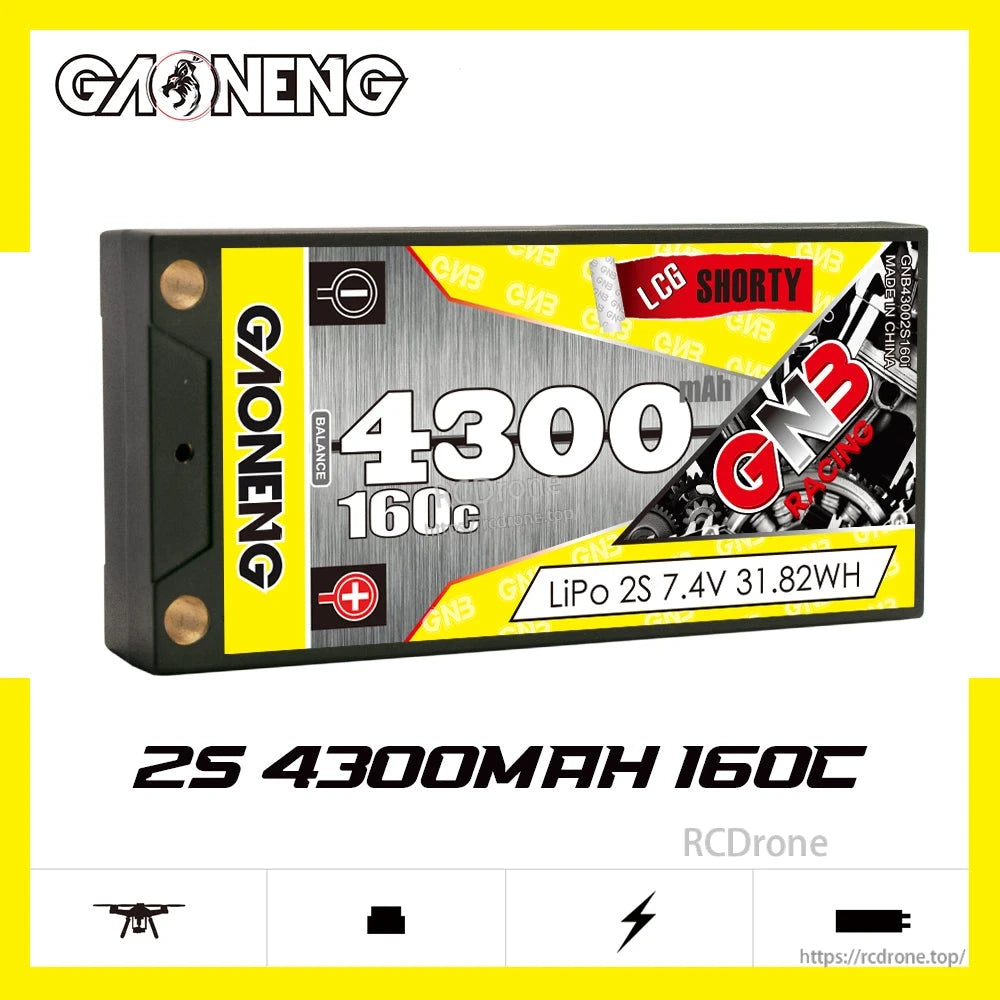 GAONENG GNB 2S 4300mAh 160C LCG shorty LiPo battery product graphic with model text and icons