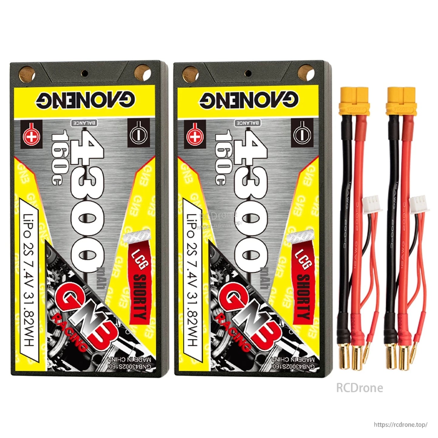 Two-pack set: GNB 4300mAh 2S 160C shorty LiPo batteries with XT60-style leads and balance plugs