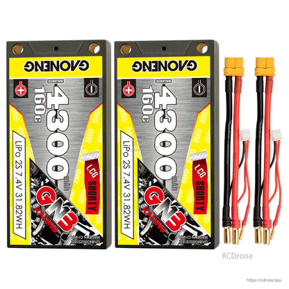 Two-pack set: GNB 4300mAh 2S 160C shorty LiPo batteries with XT60-style leads and balance plugs