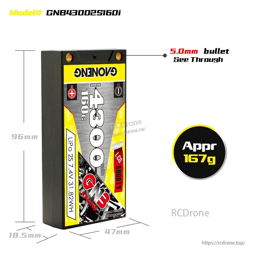 Battery dimensions and weight diagram for GNB 4300 2S 160C shorty pack, shows 5.0mm bullet lead