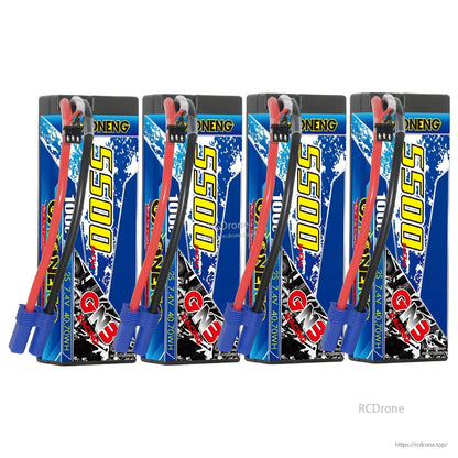 Four GAONENG GNB 5500 hard case batteries lineup with EC5 connectors and balance leads visible