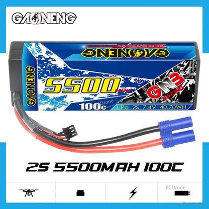 GAONENG GNB 2S 5500mAh 100C LiPo battery graphic showing battery with balance plug and EC5 lead