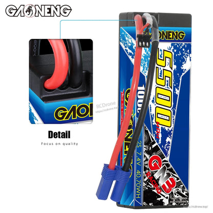 Close-up detail of hard case wire exit and lead strain relief on GAONENG 5500 battery, EC5 plug shown